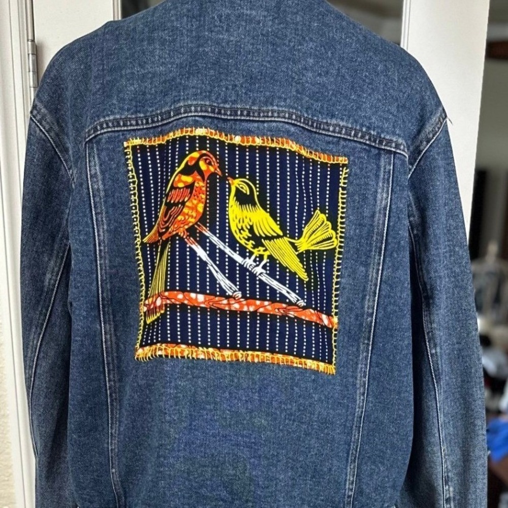 Lauren Jeans Co Ralph Lauren Denim Jacket L Blue Good Bird Patch Zipper Pockets - Picture 6 of 16